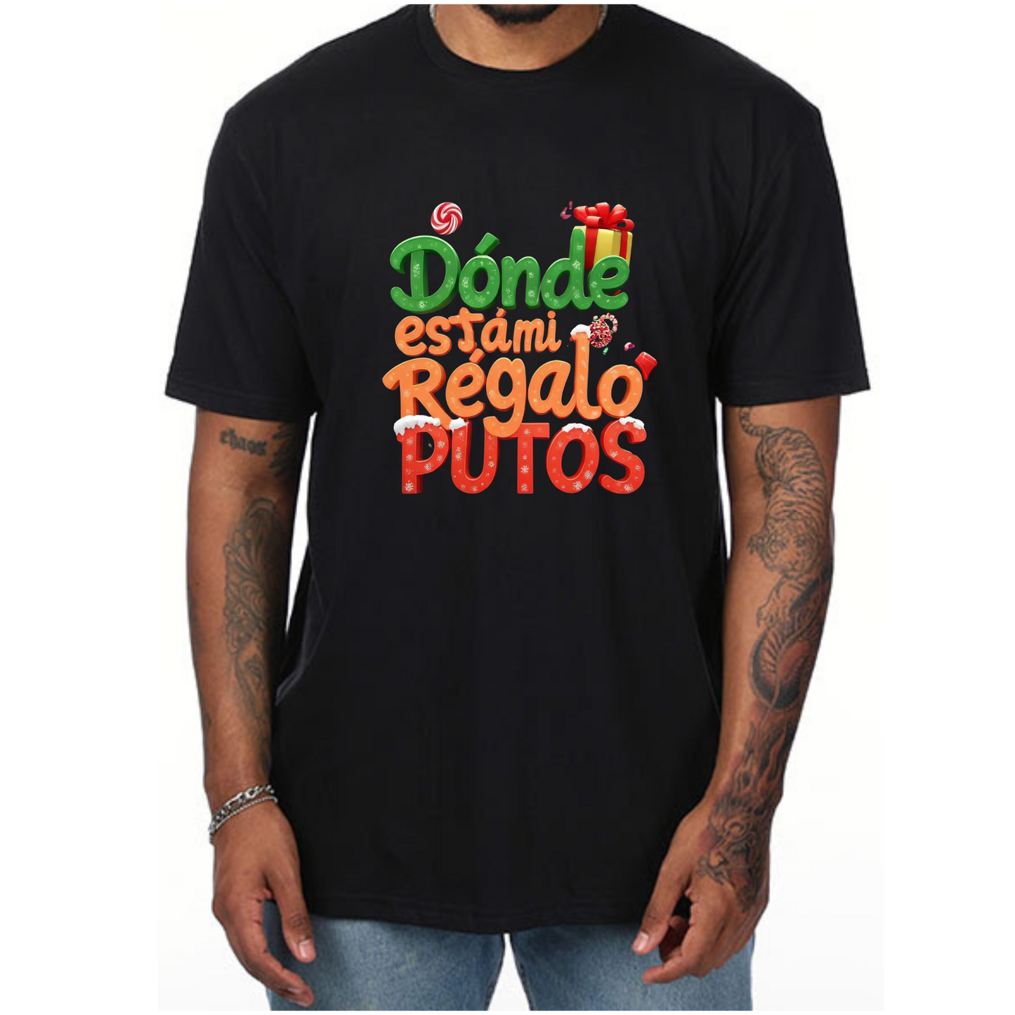 Funny Christmas T Shirt 'Donde esta mi regalo putos' Hispanic Mode for Women and Men - Vibrancy GG