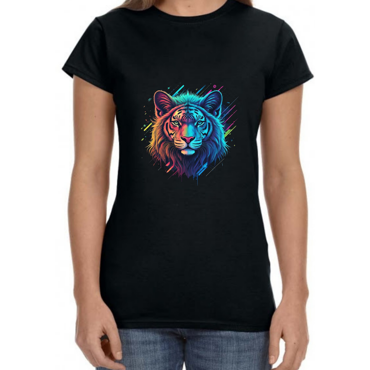 Neon Lion  T-Shirt – Bold Animal Graphic Tee for Women- Vibrancy GG